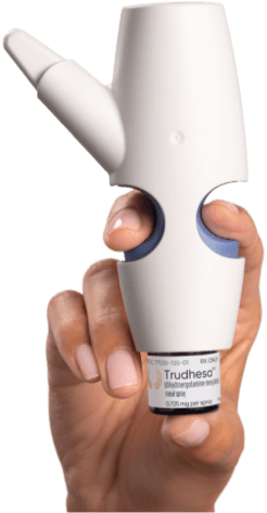 A product image of Trudhesa™ Precision Olfactory Delivery (POD®) vertical facing left held by a person's hand