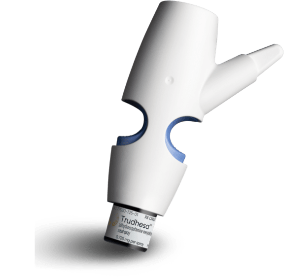 Product image of Trudhesa® featuring the medication vial and the POD device vertical upright facing right and tilted down on blue background