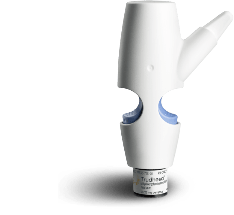 A product image of Trudhesa™ Precision Olfactory Delivery (POD®) upright facing right on black background
