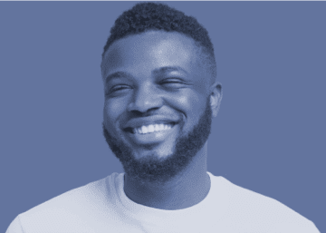 Blue-tinted image of an actor portrayal of Trudhesa™ patient smiling with short hair, looking to the left