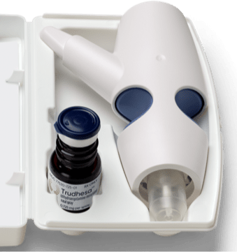 Product image of an open Trudhesa™ Precision Olfactory Delivery (POD®) package showing the POD and vial