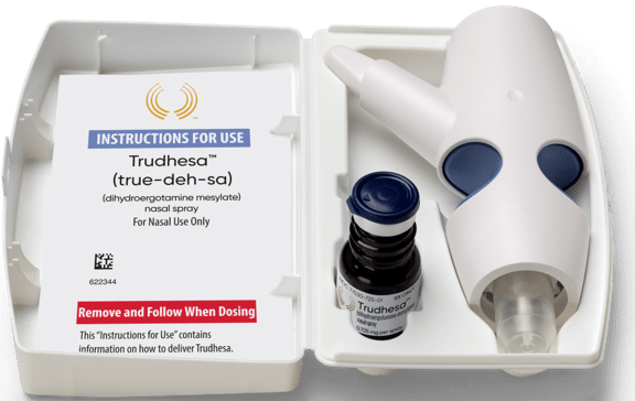 Product image of an open Trudhesa™ Precision Olfactory Delivery (POD®) package showing the POD and vial