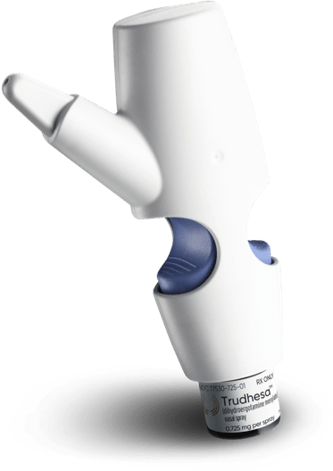 Product image of Trudhesa™ Precision Olfactory Delivery (POD®) on black background facing left and tilted down