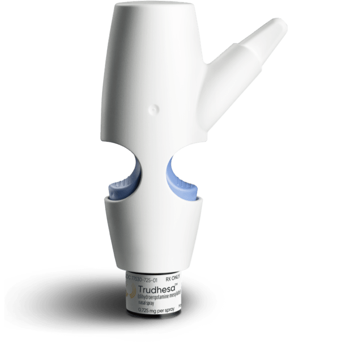 A product image of Trudhesa® Precision Olfactory Delivery (POD®) upright facing right on black background
