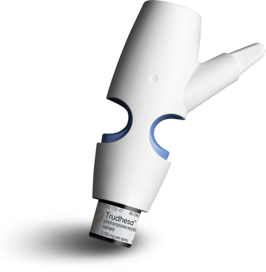 Product image of Trudhesa® featuring the medication vial and the POD device vertical upright facing right and tilted down