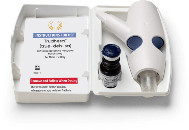 Product image of an open Trudhesa® Precision Olfactory Delivery (POD®) package showing the POD and vial